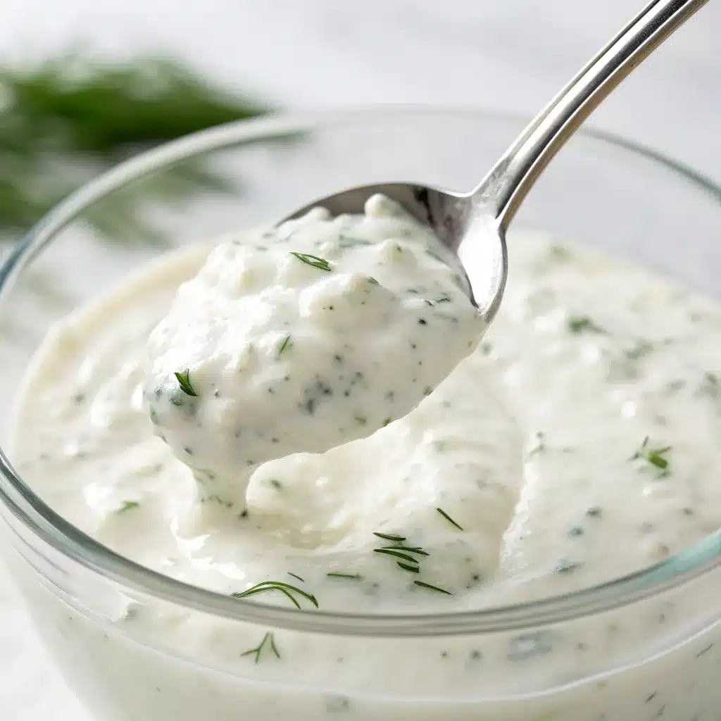 Thick high protein greek yogurt ranch spread on a spoon.