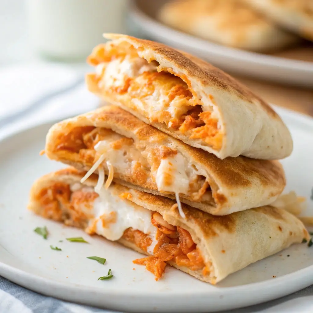 Stack of golden High Protein Buffalo Chicken Pockets with creamy orange filling oozing out.