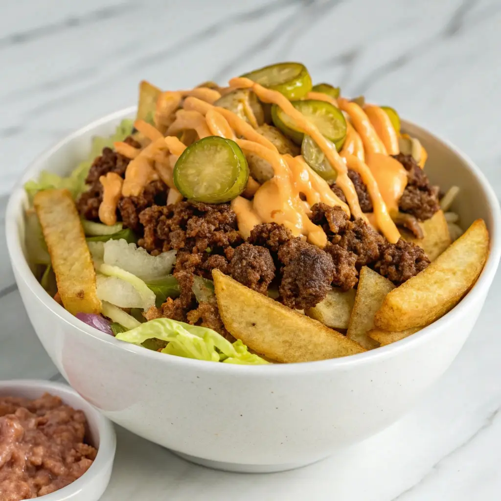 High protein burger fries bowl with crispy potatoes and lean beef.