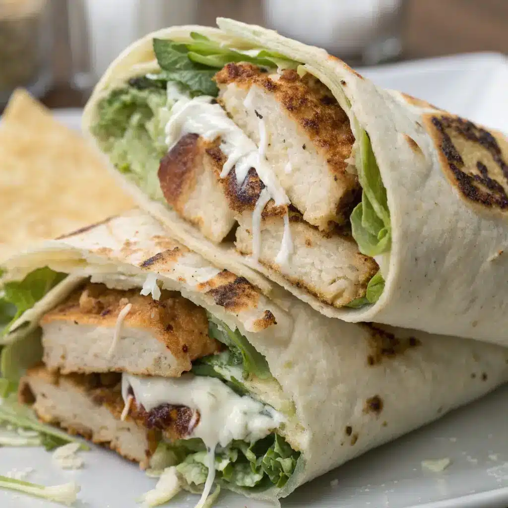 Stacked High Protein Chicken Caesar Wraps cut in half showing creamy filling.