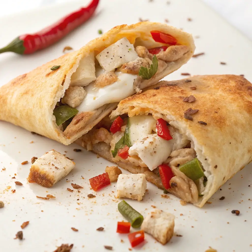 Chicken philly pocket made with chopped chicken breast and peppers.