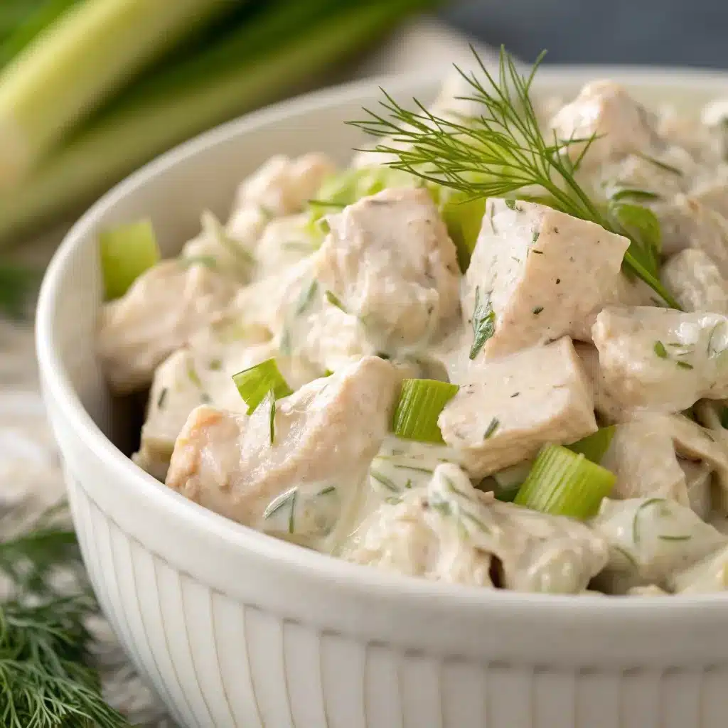Close up of creamy high protein chicken salad made with cottage cheese dressing.