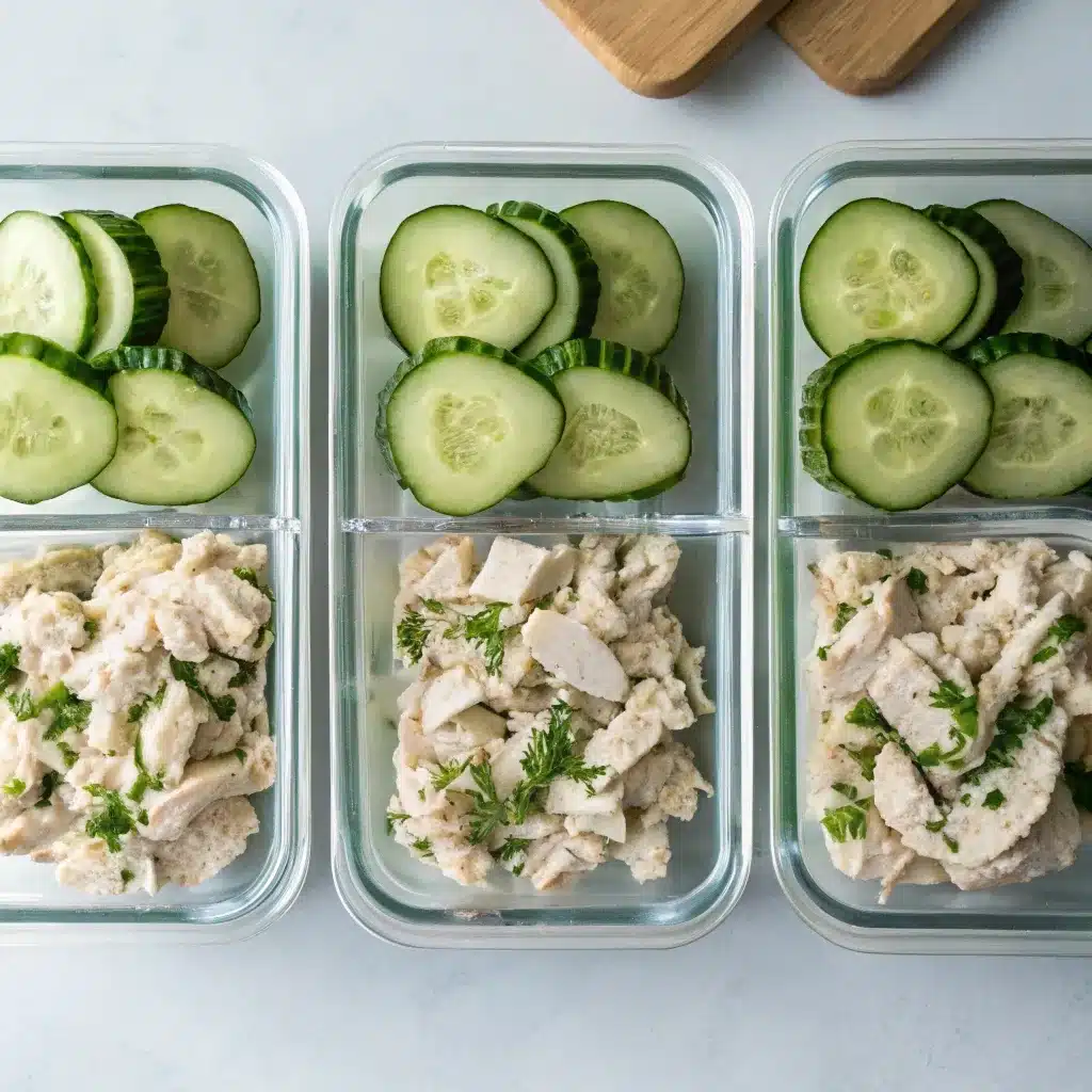 Glass containers filled with high protein chicken salad meal prep for the week.