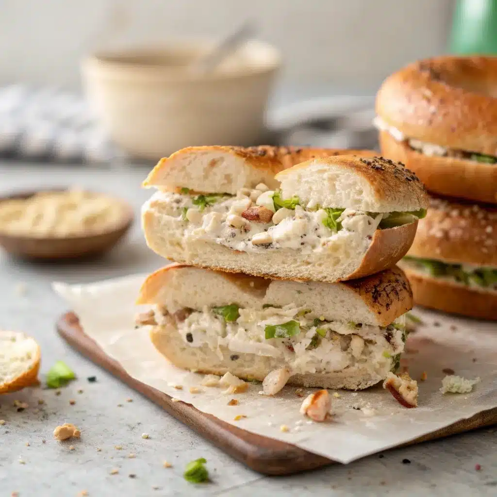 High protein chicken salad served on a toasted bagel for a bodybuilding lunch.