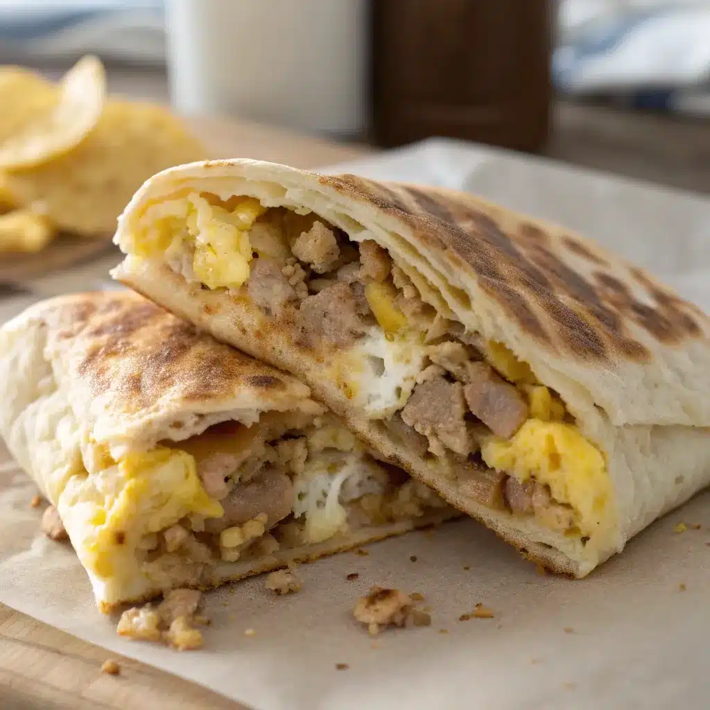 Breakfast crunchwrap filled with scrambled eggs and turkey sausage.
