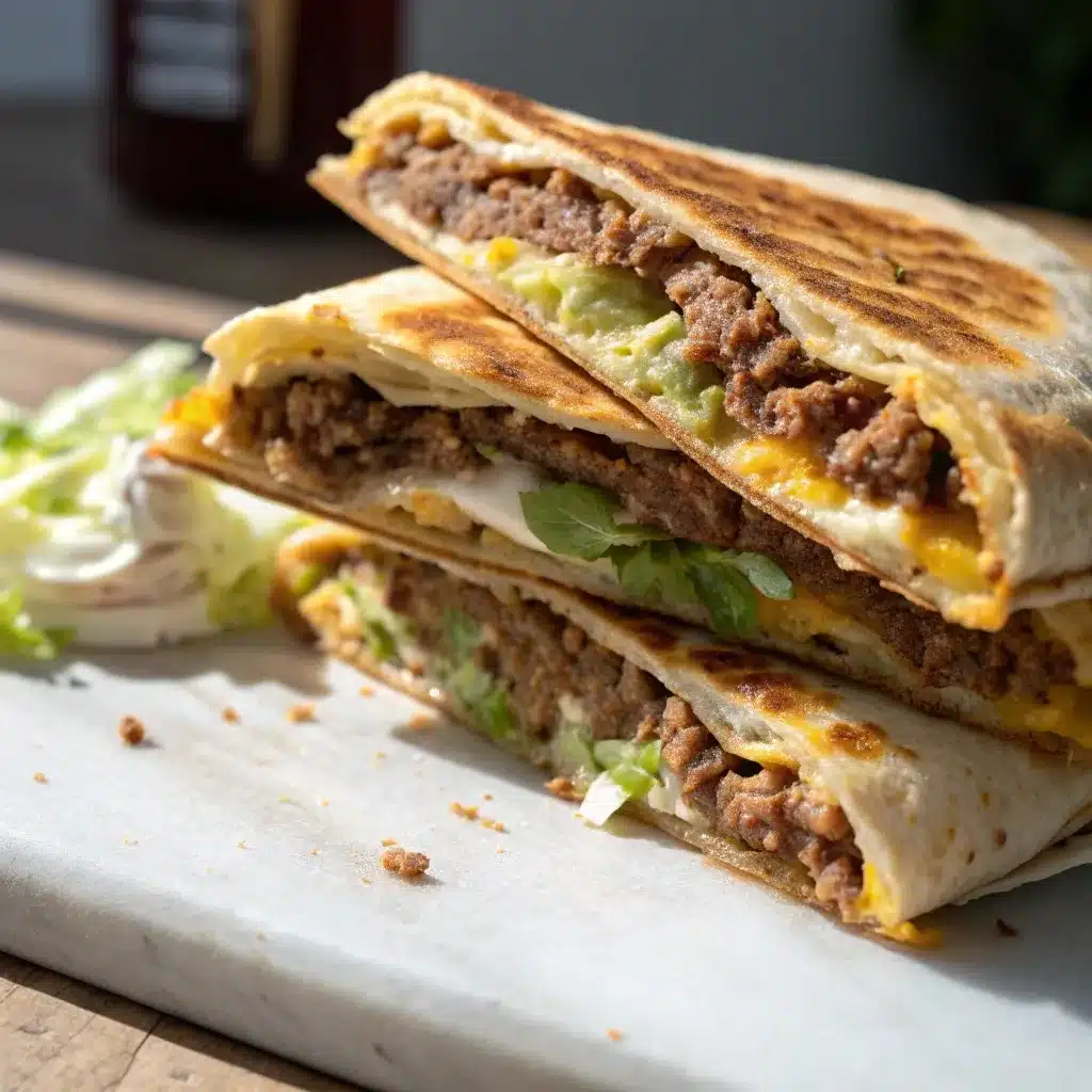 Pan frying the best high protein crunchwrap supreme recipe in a skillet.