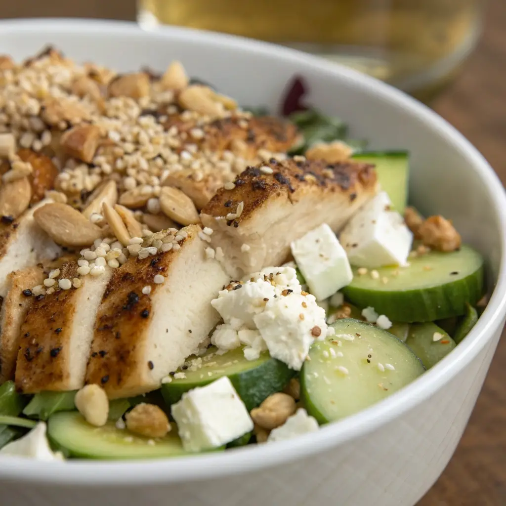 Greek chicken bowl topped with hemp seeds and extra feta for protein.