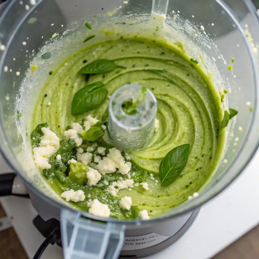 Blending spinach and cottage cheese for High Protein Green Goddess Salad dressing.