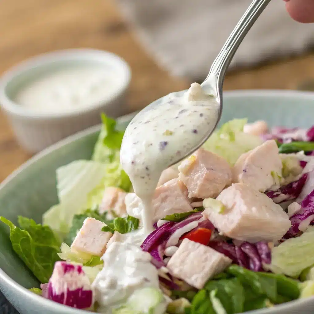 Spoonful of High Protein Green Goddess Salad showing creamy texture.