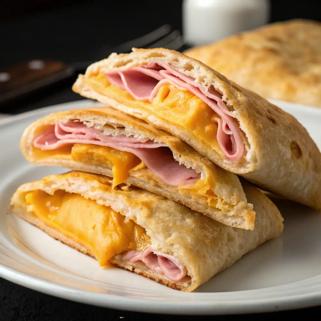 Stack of golden High Protein Ham and Cheese Pockets with melted cheddar oozing out.