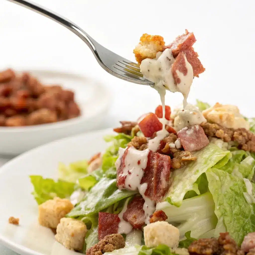 Fork lifting a creamy bite of chopped Italian grinder salad.