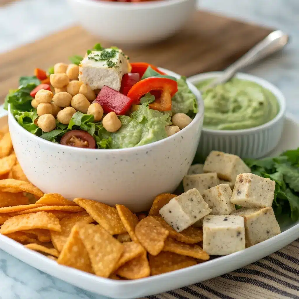 High protein side salad served as a dip with crunchy chips.