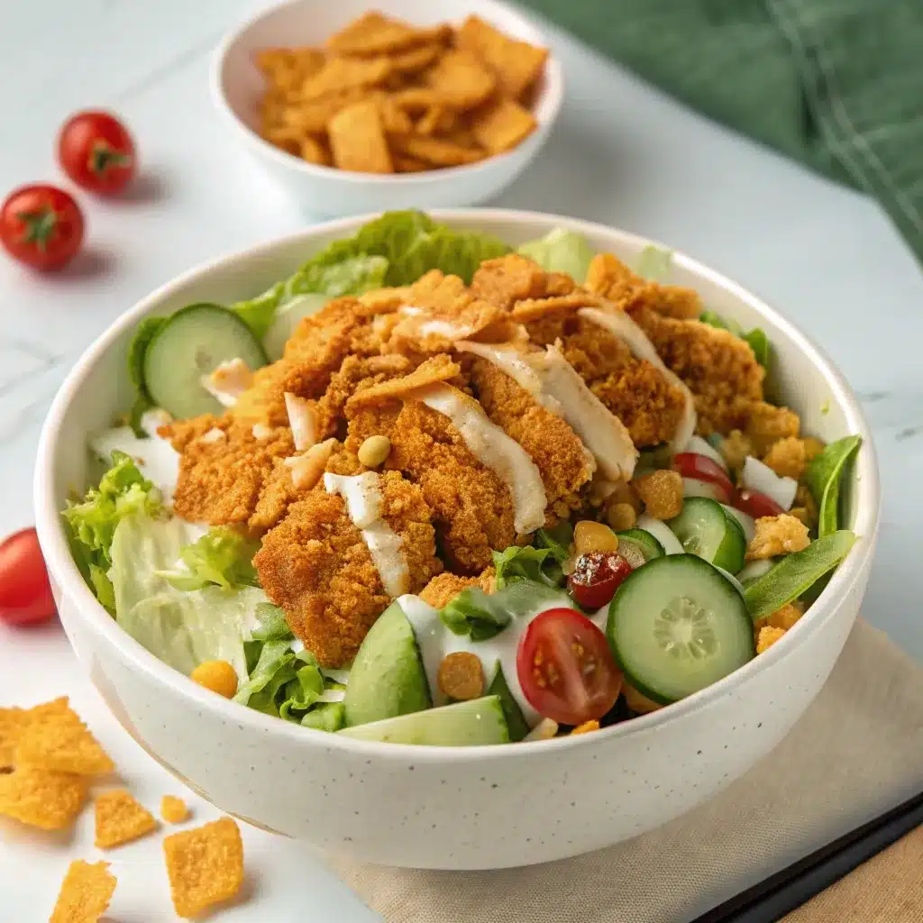 High Protein Spicy McChicken Salad bowl with crispy chicken and creamy dressing.