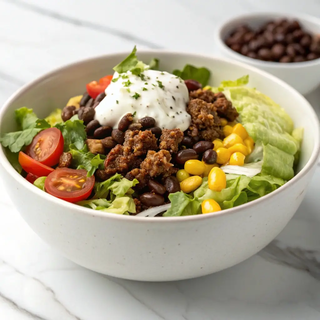 High protein taco salad bowl with ground beef and greek yogurt dressing in a white bowl.