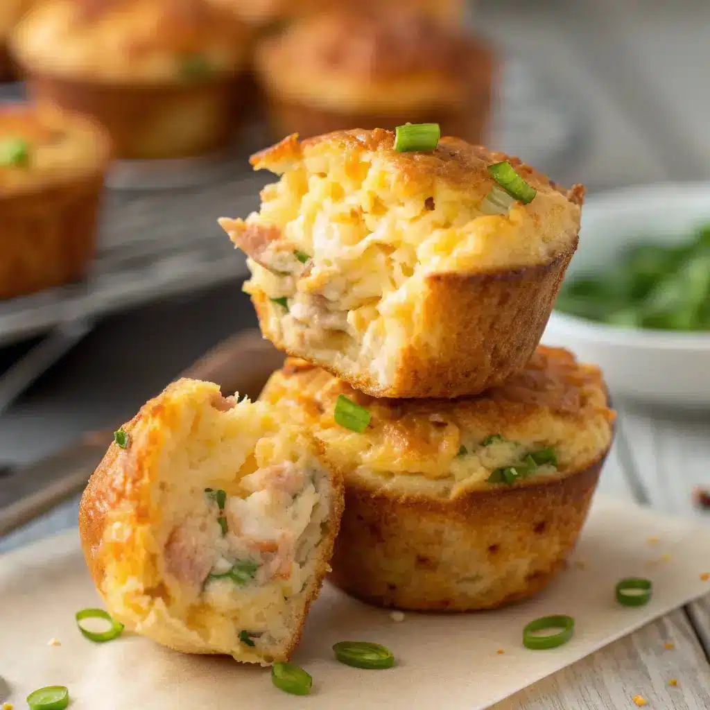 A warm, cheesy high protein tuna melt muffins on a napkin.