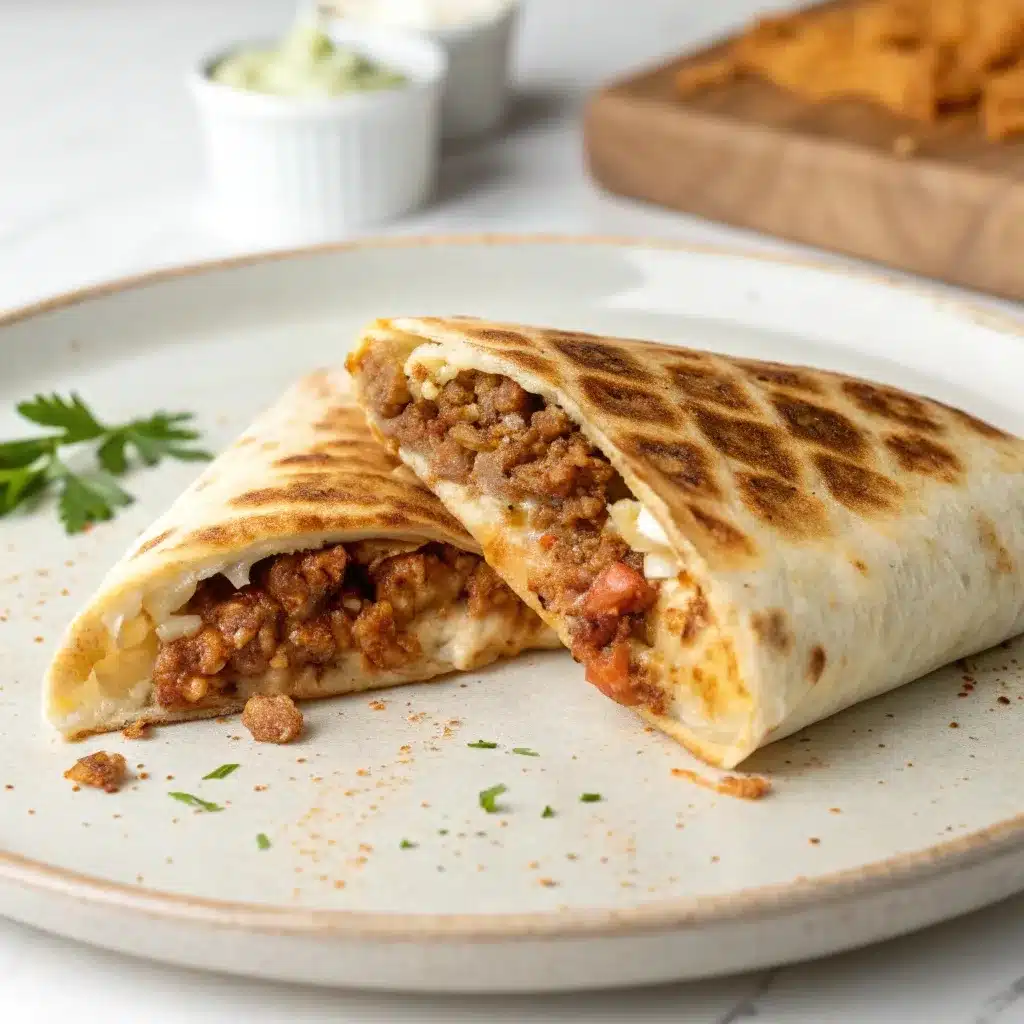 A healthy homemade crunchwrap supreme with a bite taken out.