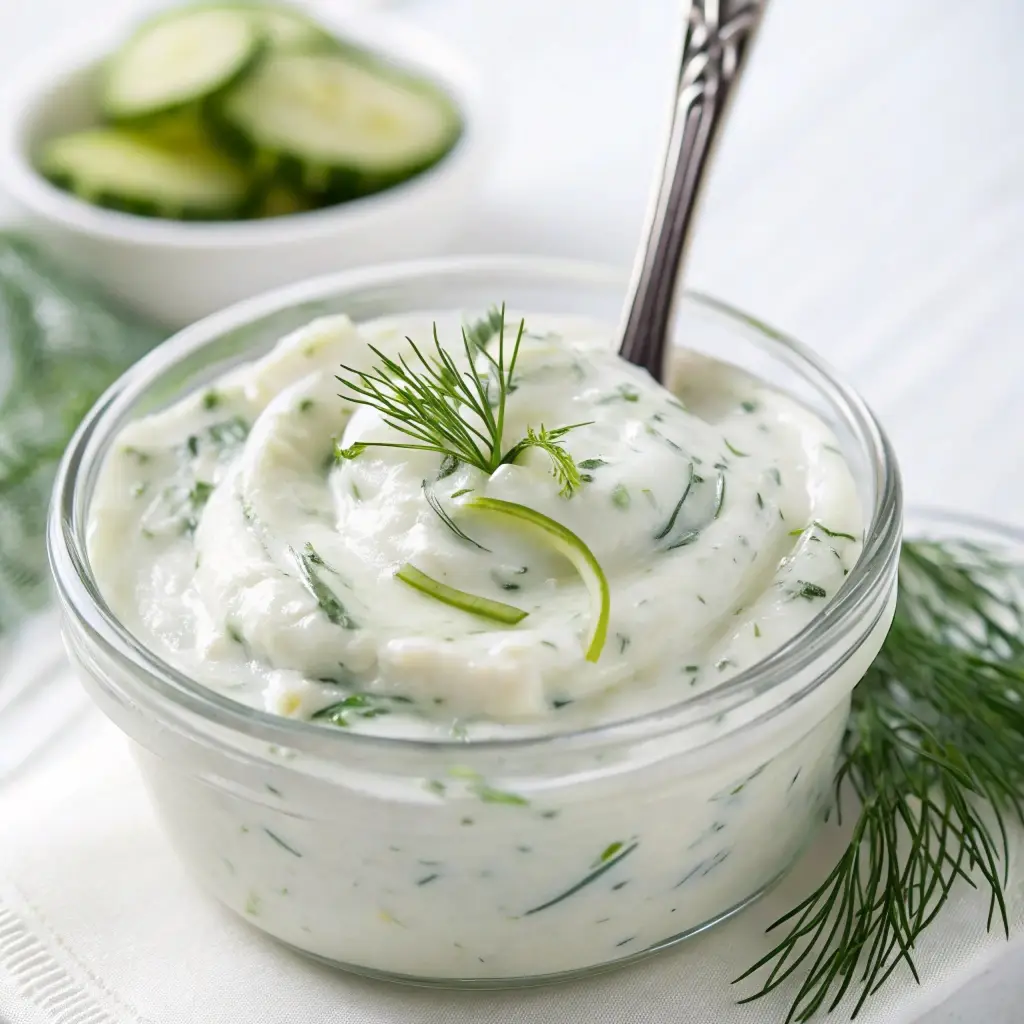 Creamy homemade tzatziki sauce with fresh dill.