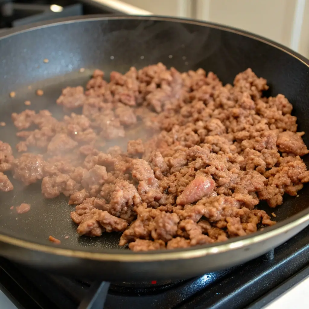 Browning lean ground beef for a keto big mac salad.