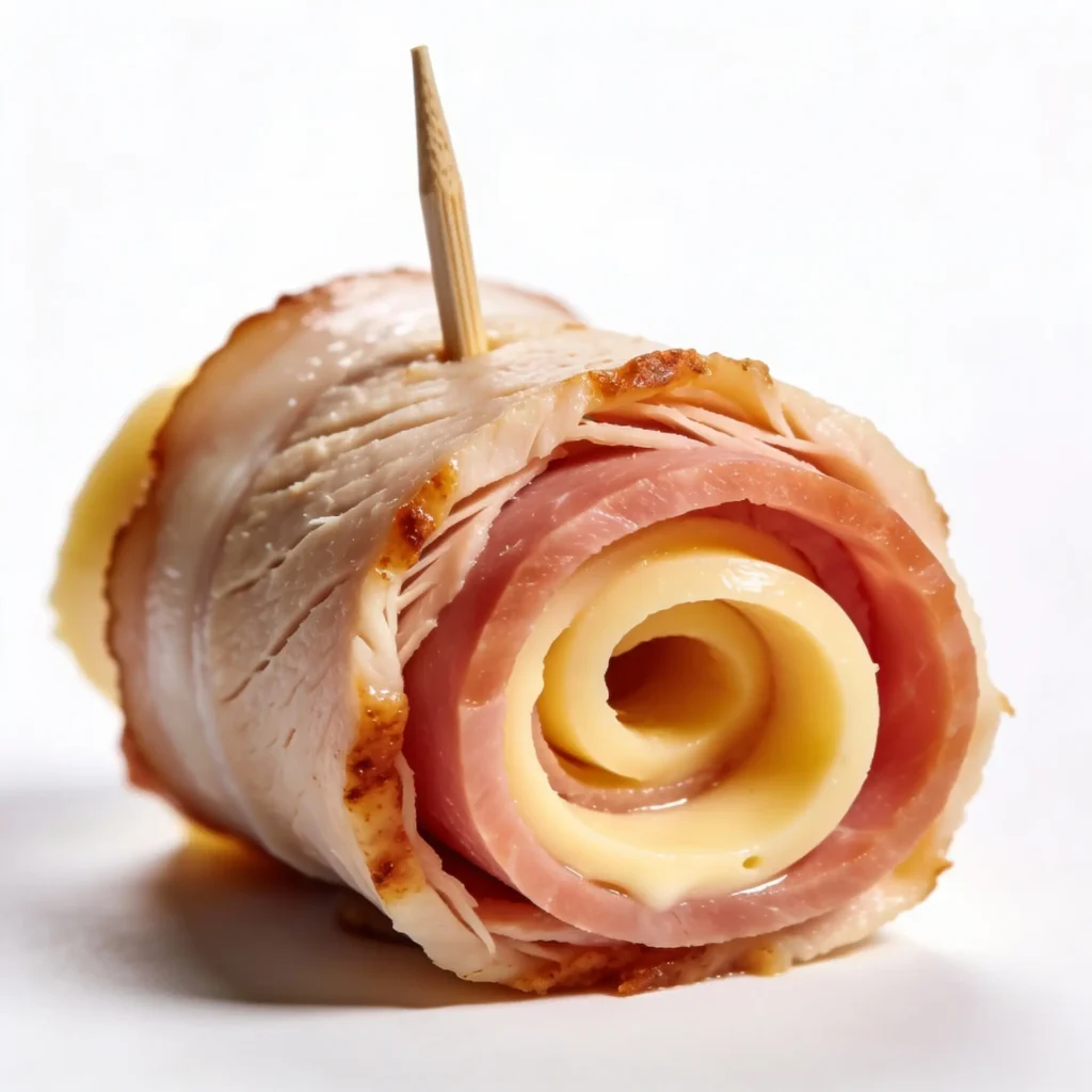 Close up of a turkey and ham roll up with cheese.