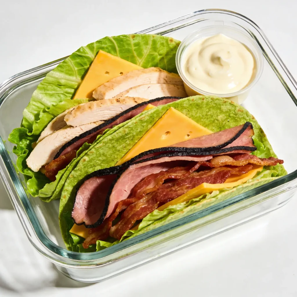 Low carb club sandwich ingredients inside lettuce cups.