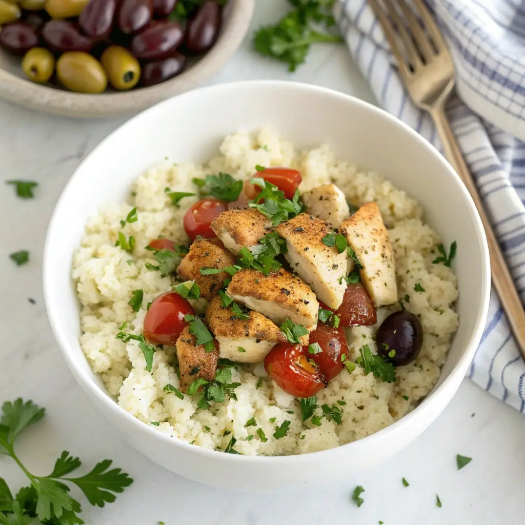 Low carb greek chicken bowl with cauliflower rice base.