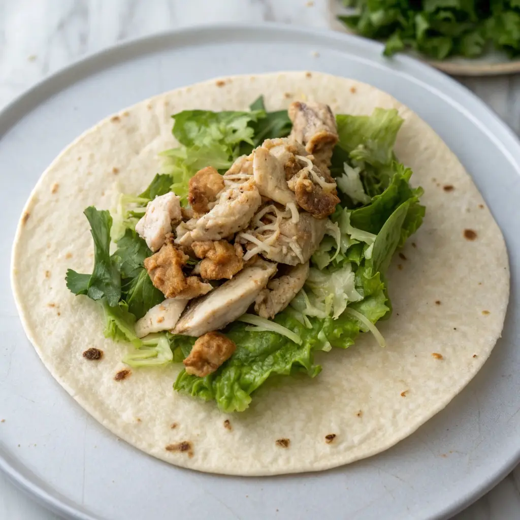 Assembling a low carb chicken caesar wrap using the barrier method.