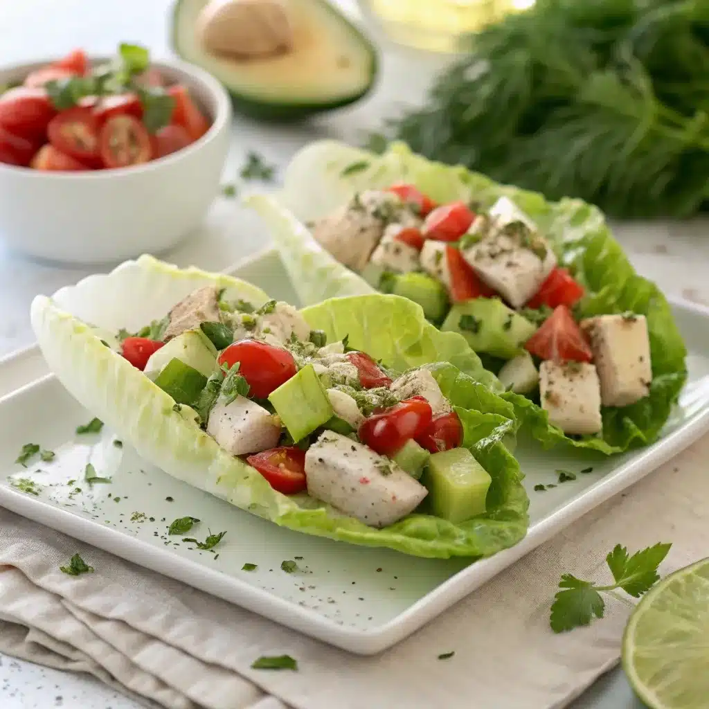 Healthy chicken salad served in romaine lettuce boats for weight loss.