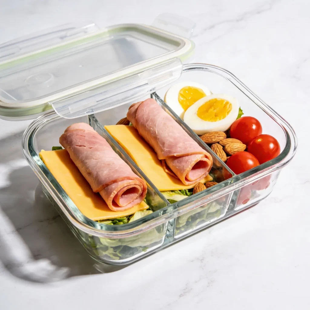 The complete low carb club sandwich box ready to eat.