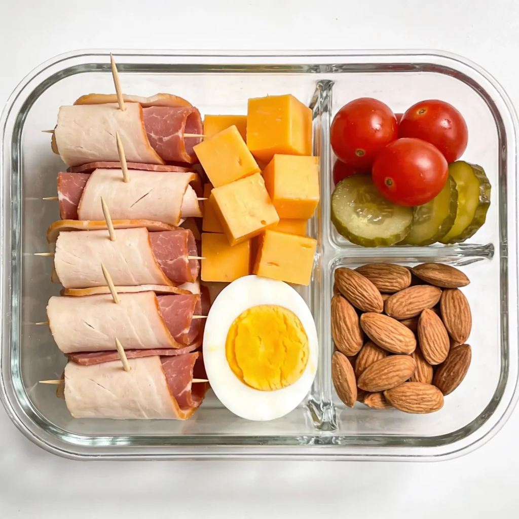 Low carb club sandwich box with deli rolls, eggs, and cheese.