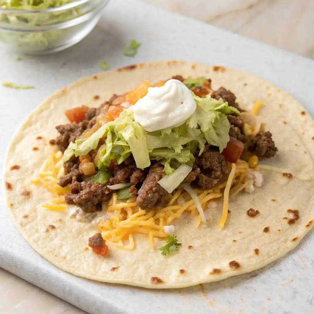 Assembling the layers of a low carb crunchwrap supreme recipe on a tortilla.