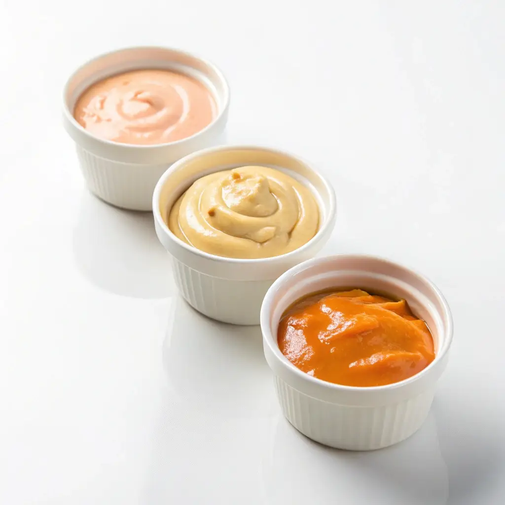 Three healthy dipping sauces: dijon mayo, burger sauce, and buffalo ranch.