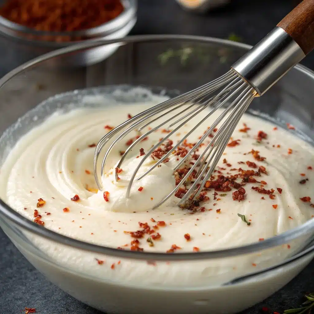 Close up texture of low carb cottage cheese grinder dressing.