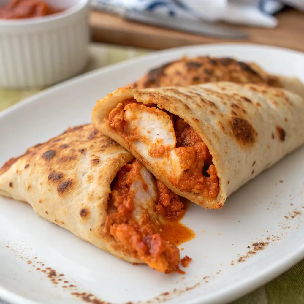 Keto friendly buffalo chicken pocket made with a tortilla wrap.