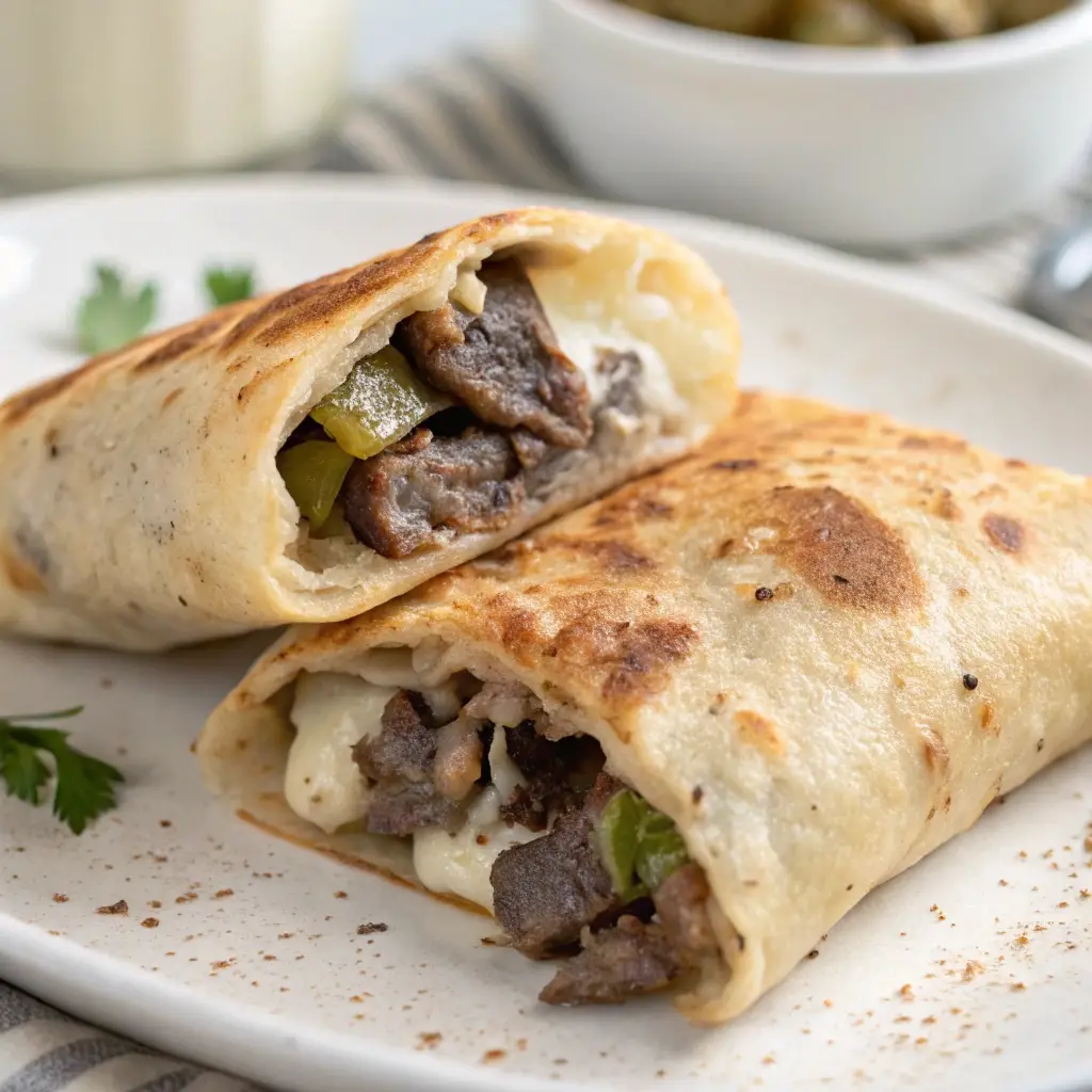 Keto friendly philly cheesesteak pocket made with a low carb tortilla.