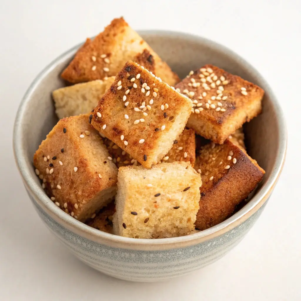 Toasted low carb flatbread croutons with sesame seeds.