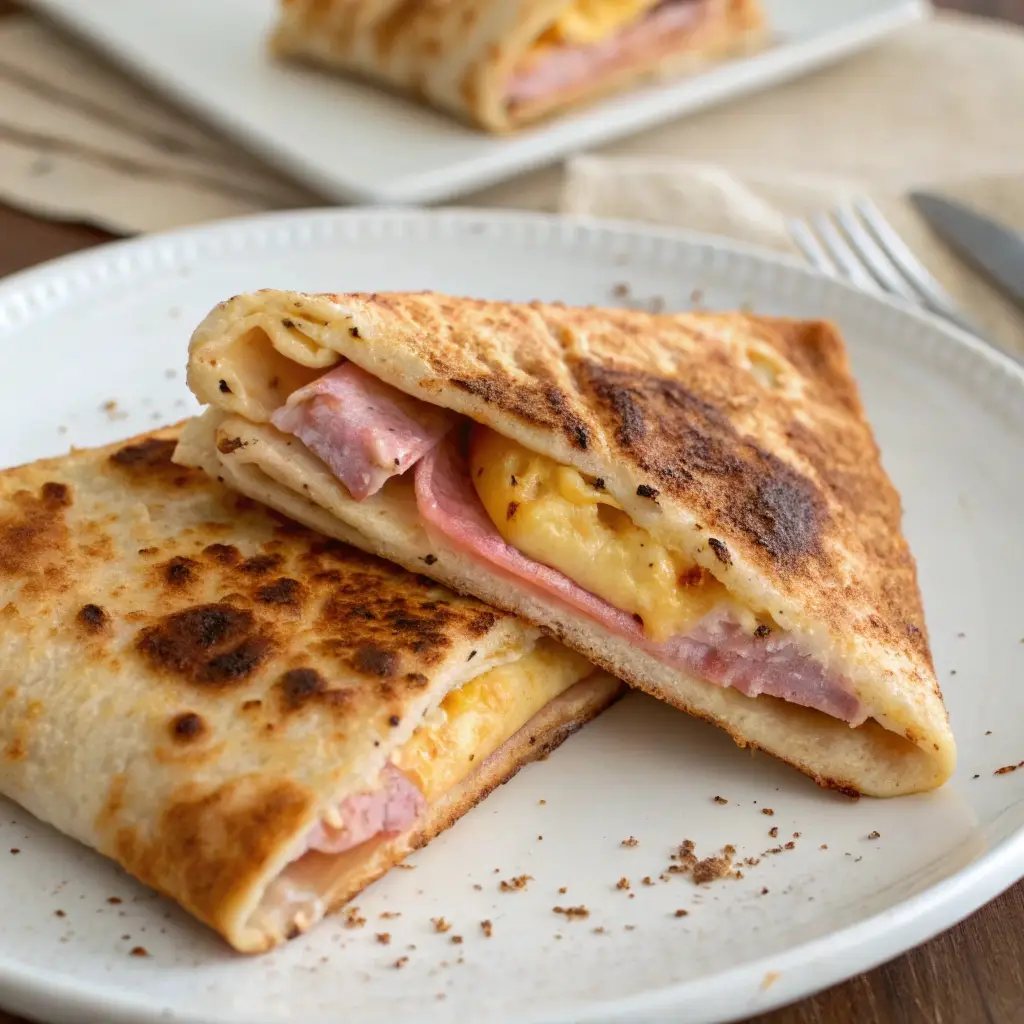 Low carb ham and cheese pocket made with a folded tortilla air fried crisp.