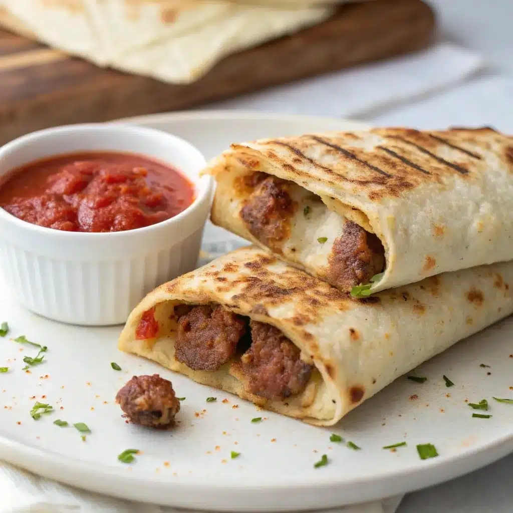 Low carb meatball pocket made with a folded tortilla air fried crisp.