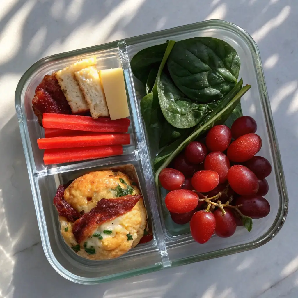 Bento box lunch featuring a mix of bacon and red pepper egg bites.