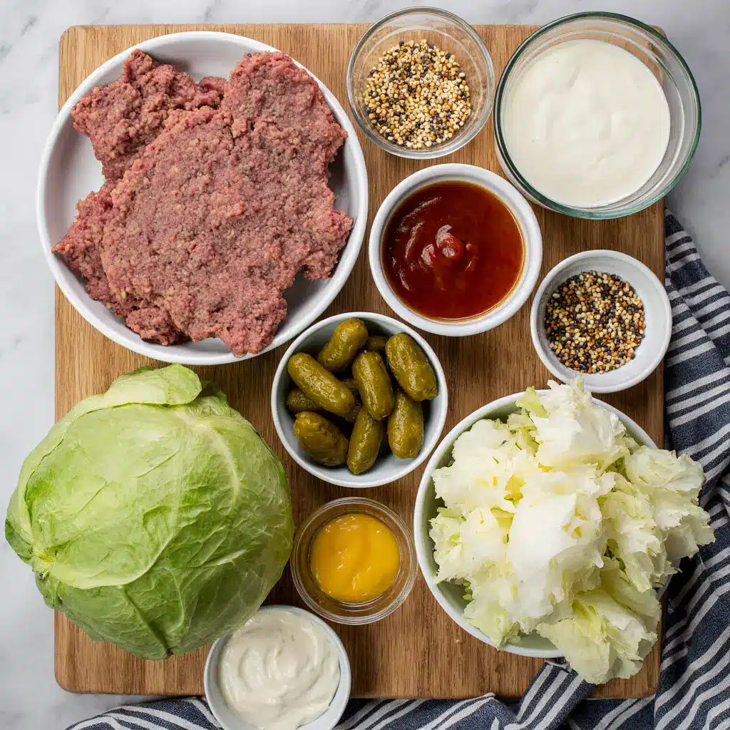Fresh ingredients for meal prep burger bowl including lean beef and pickles.