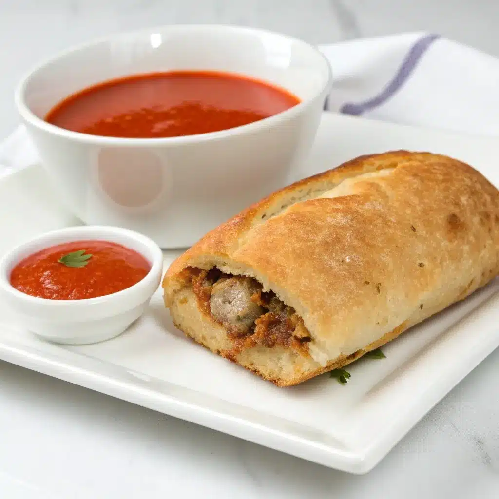 Meatball sub pocket served with a side of tomato soup.