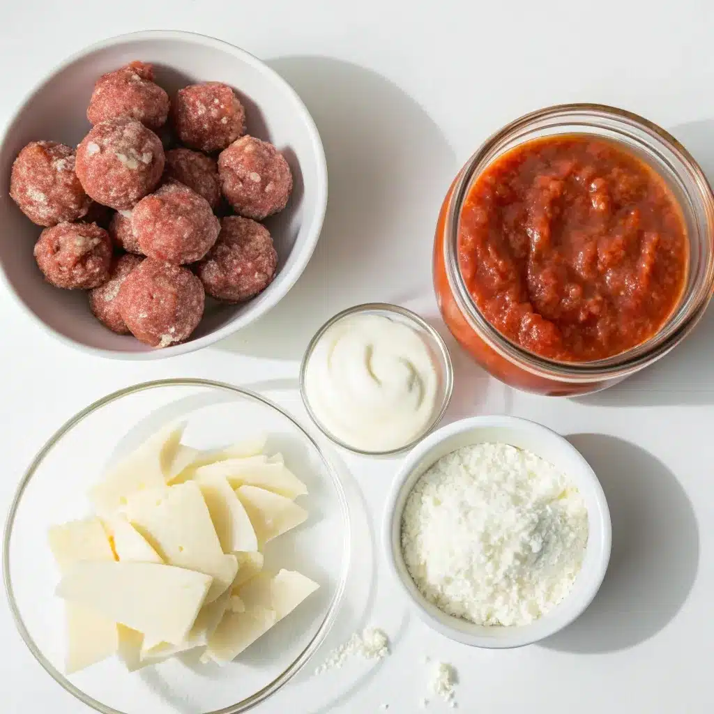 Ingredients for meatball sub pockets including marinara and greek yogurt.