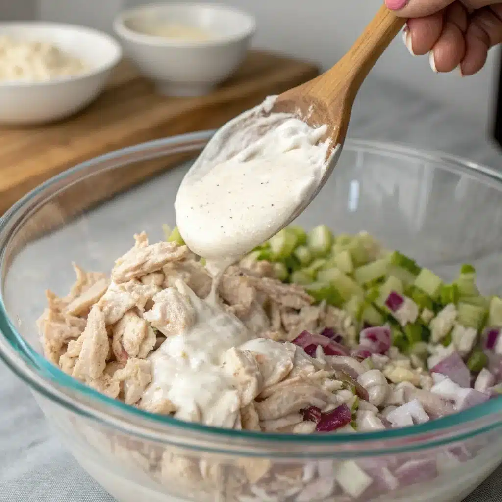 Mixing shredded chicken and veggies with creamy dressing for high protein chicken salad meal prep.