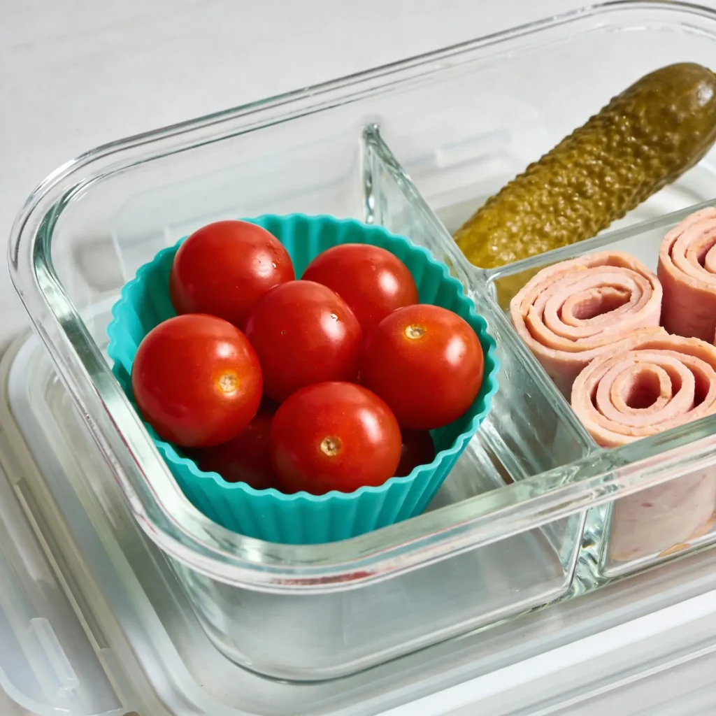 Silicone liners separating tomatoes in a bento box.