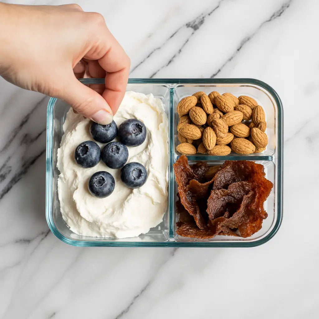 Packing a bento box with cottage cheese and snacks.