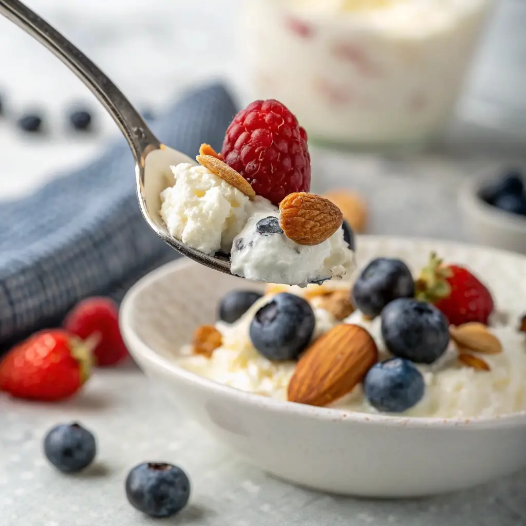 Spoon holding a bite of whipped cottage cheese and berries.