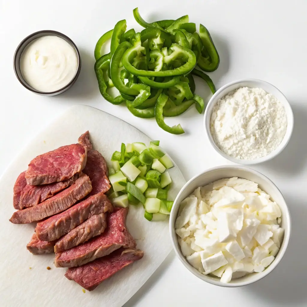 Ingredients for healthy cheesesteak pockets including sirloin and greek yogurt.