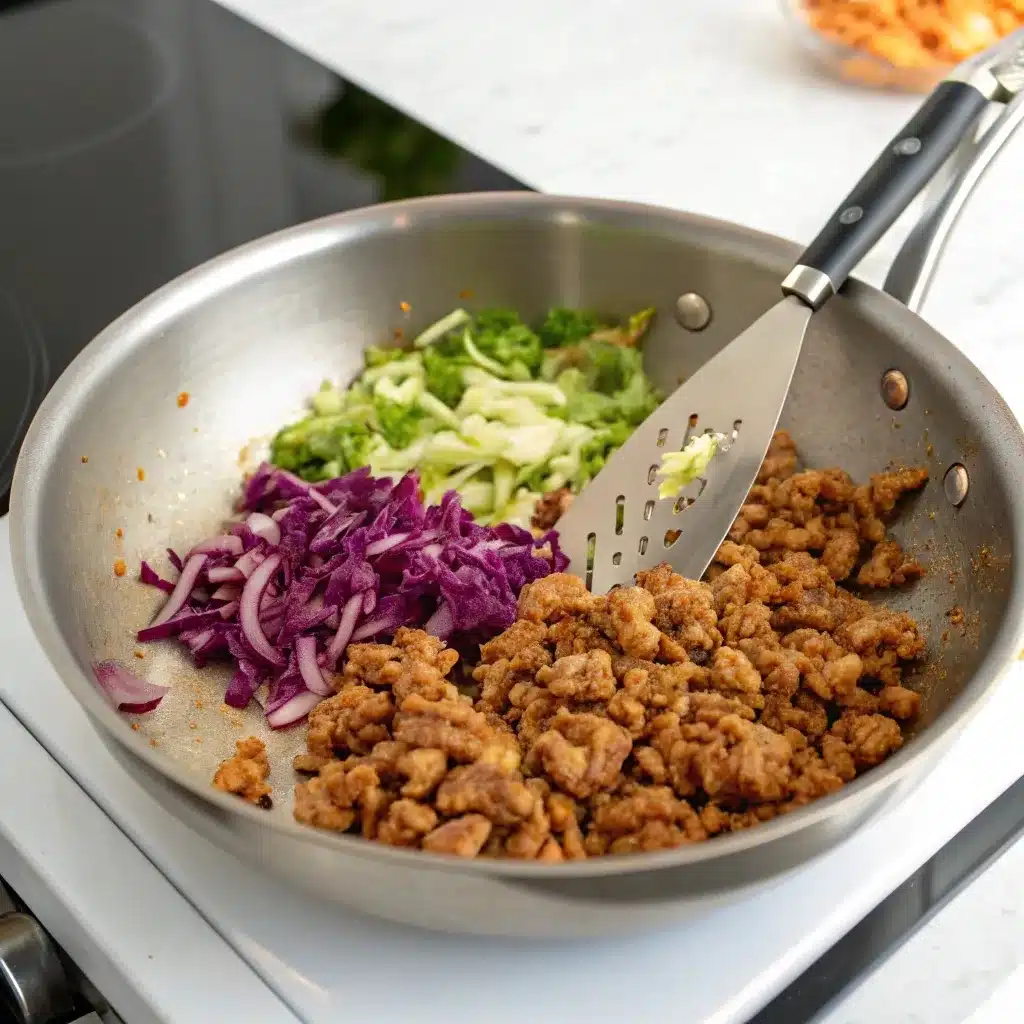 Browning ground turkey and sauteing cabbage in a stainless steel skillet.