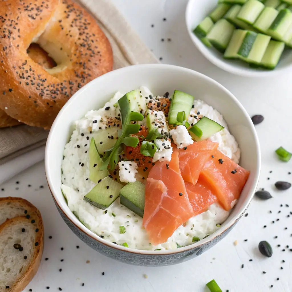 Savory whipped cottage cheese bowl with salmon and cucumber.