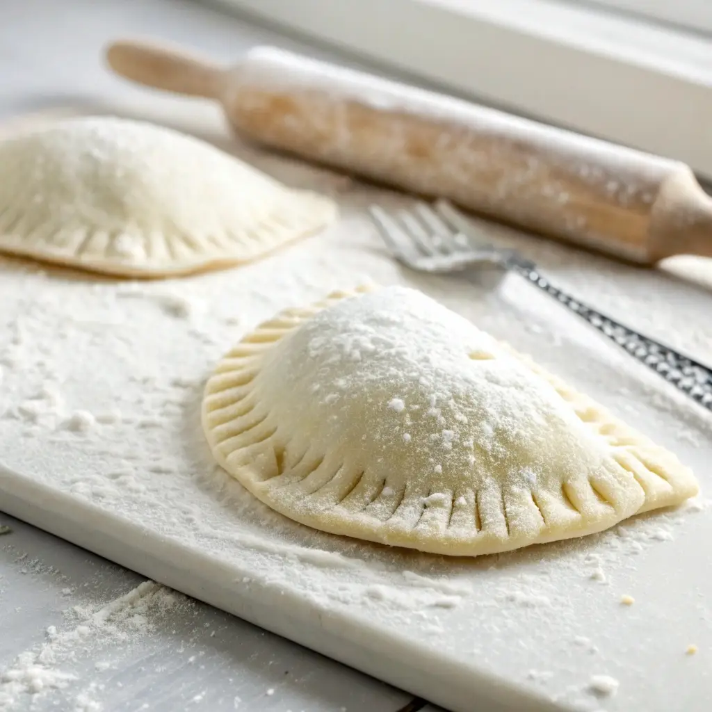 Raw ham and cheese pocket dough sealed with a fork crimp.