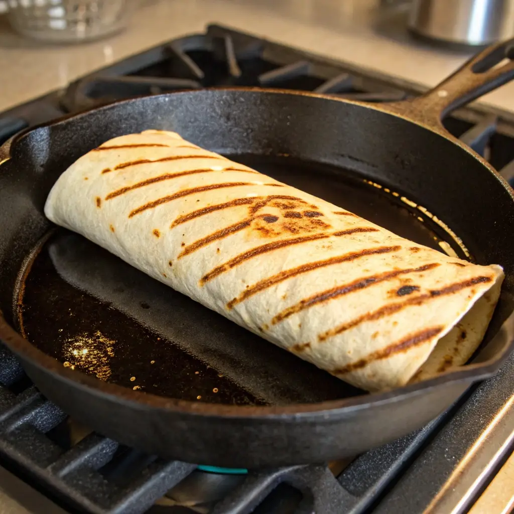 Pan searing a chicken caesar wrap in a skillet for a crispy crust.
